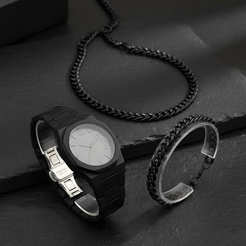 ست مردانه ساعت و دستبند و گردنبند solid black-مشکی